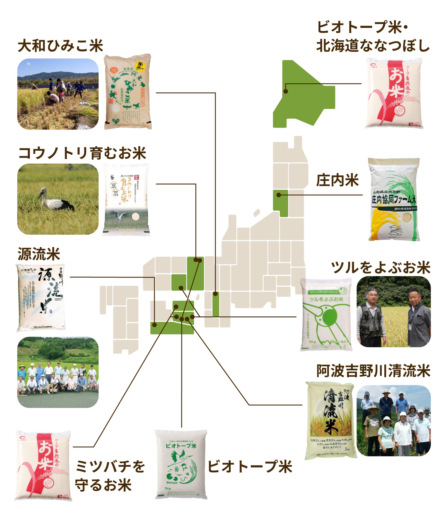 コープ自然派産直米の産地マップ